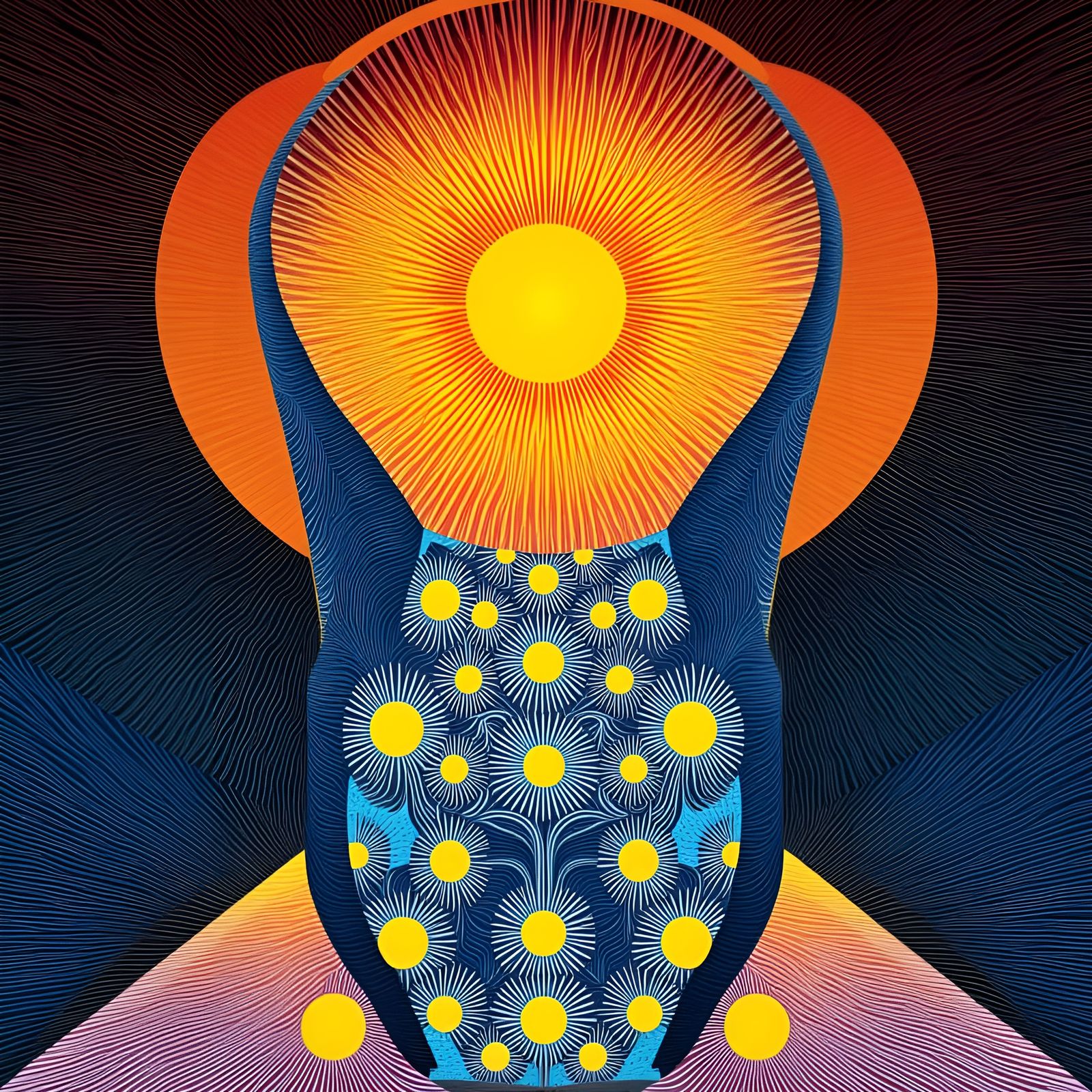 Geometric Hologram of Vase in Vibrant Sunburst Patterns