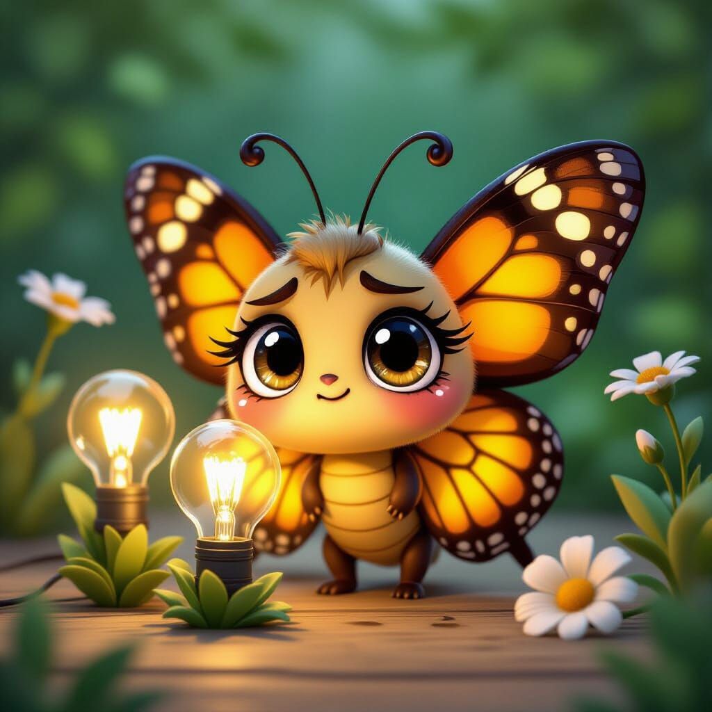 Confused Cartoon Butterfly Gazing at Flower Lamps