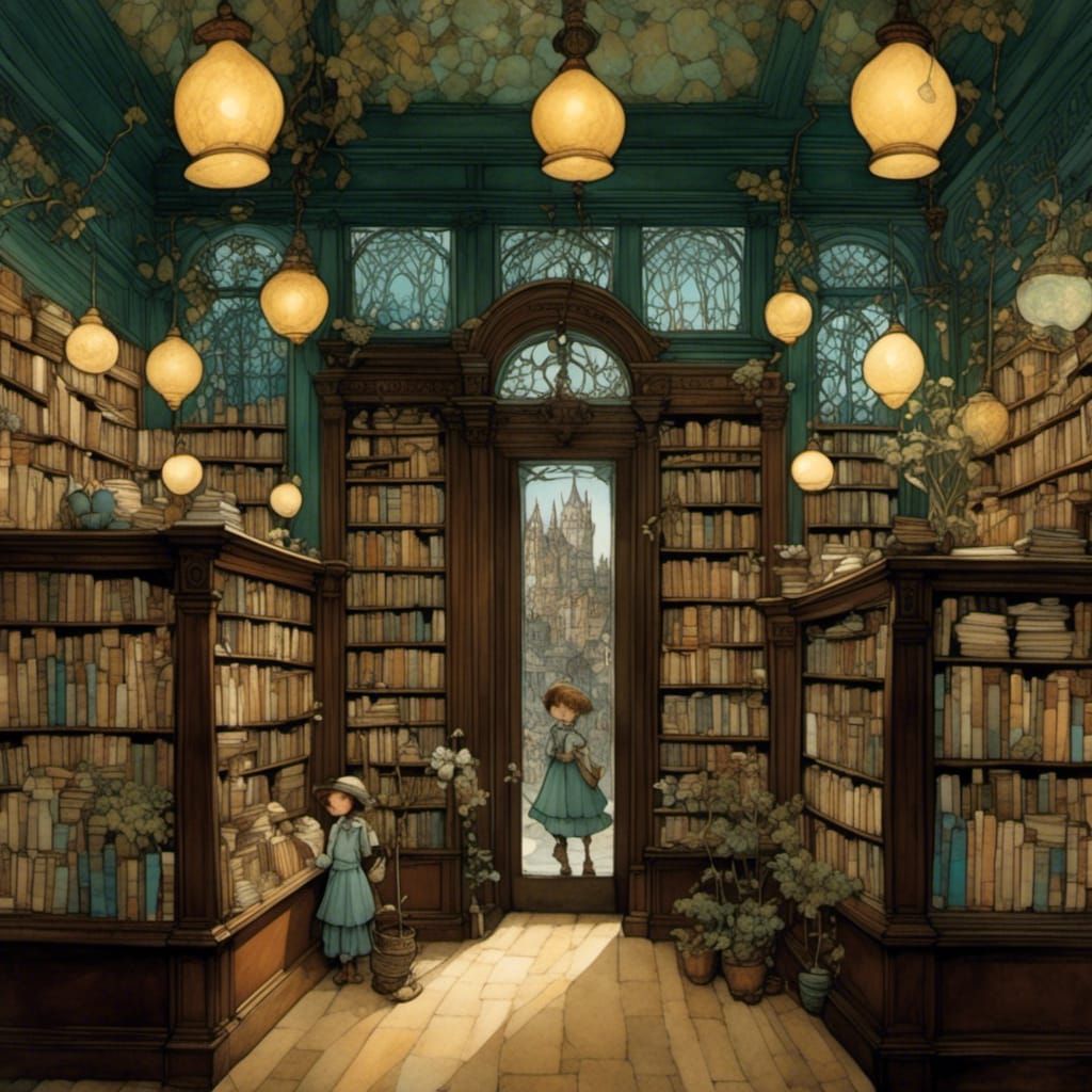 Art Nouveau Bookshop with Stained Glass