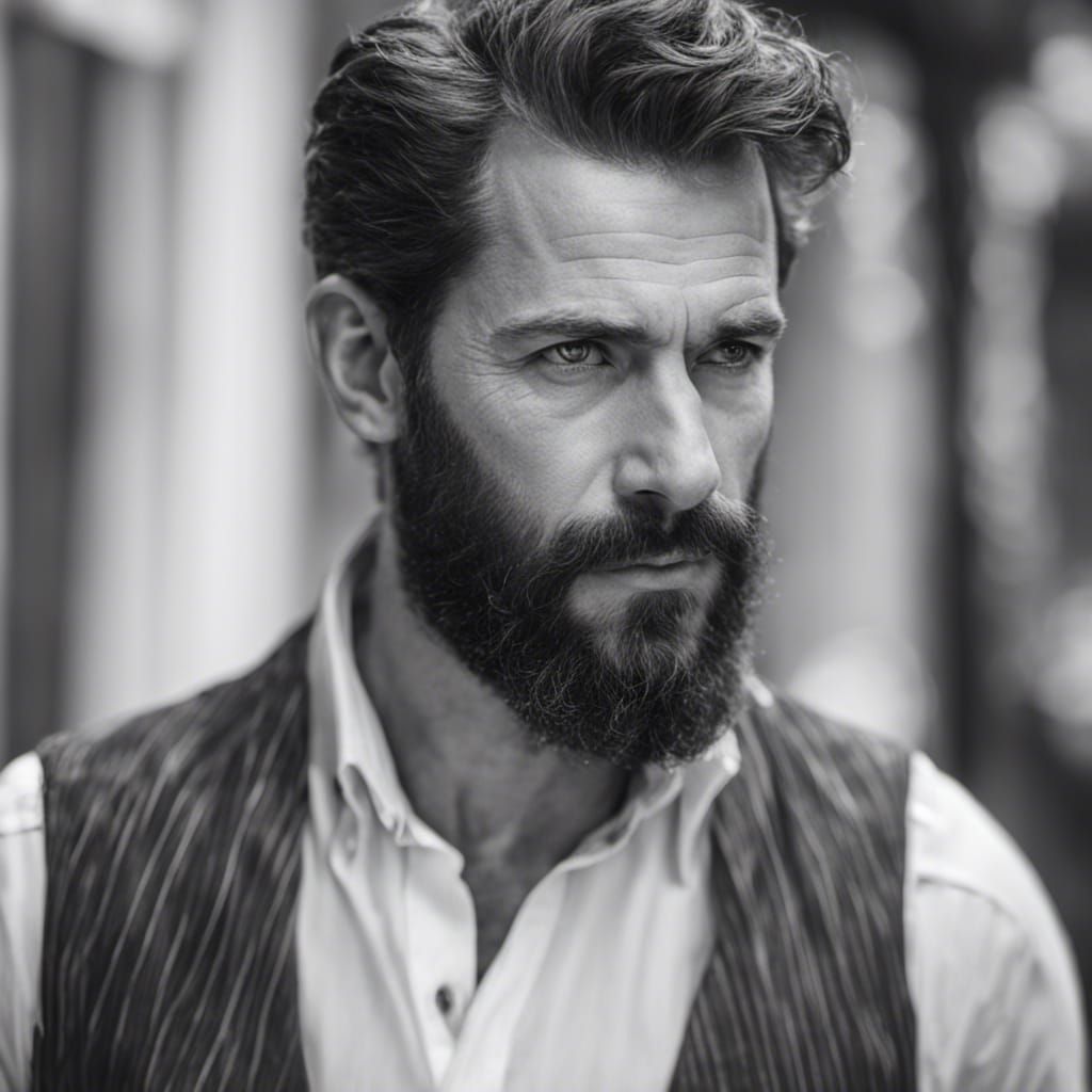 Intense Portrait of Bearded Man in Black and White