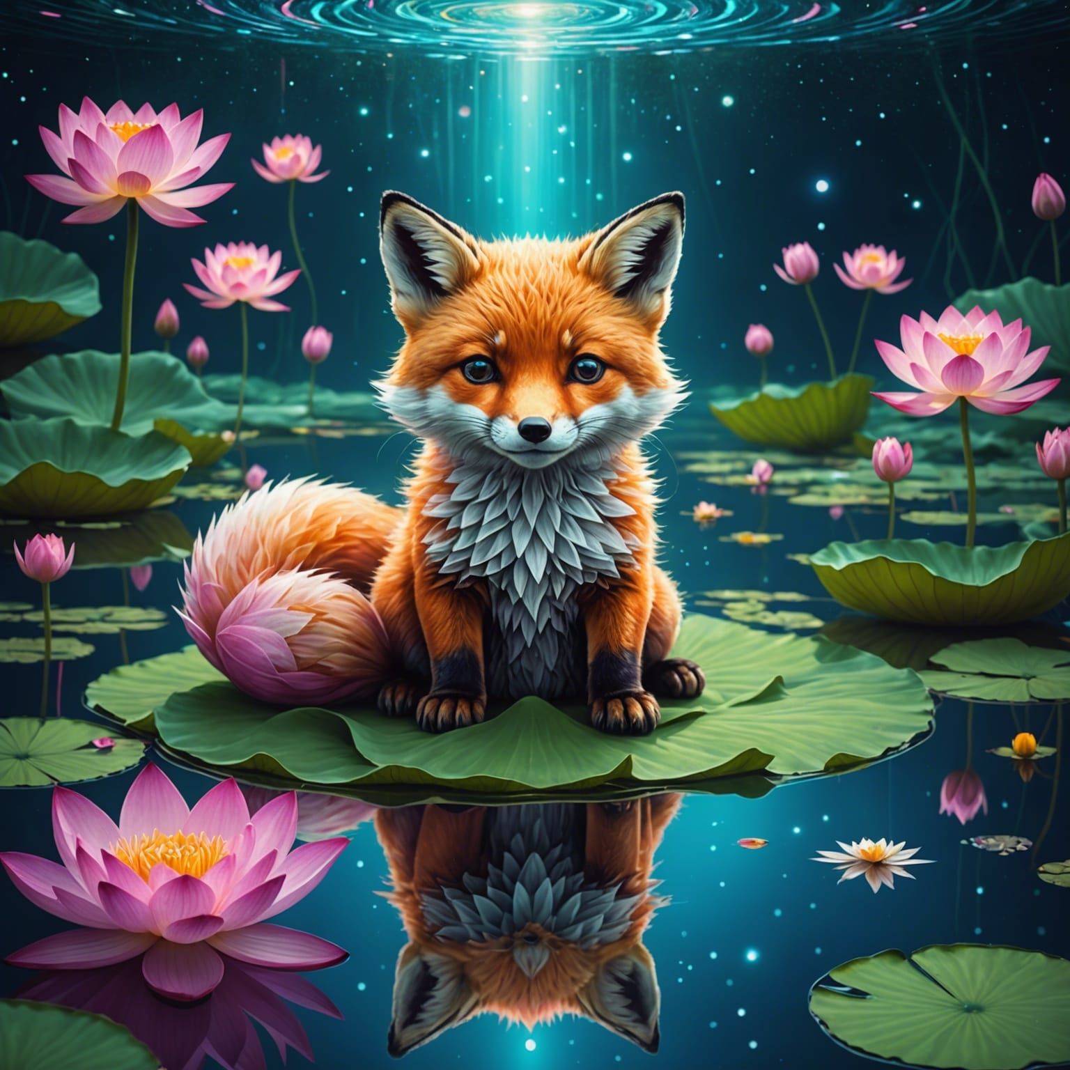 Baby Fox in Lotus Flower: Cosmic Illustration