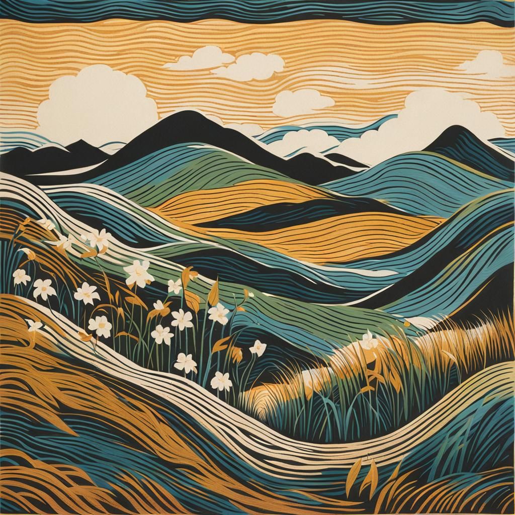 Woodcut Landscape with Wavy Lines and Flowers