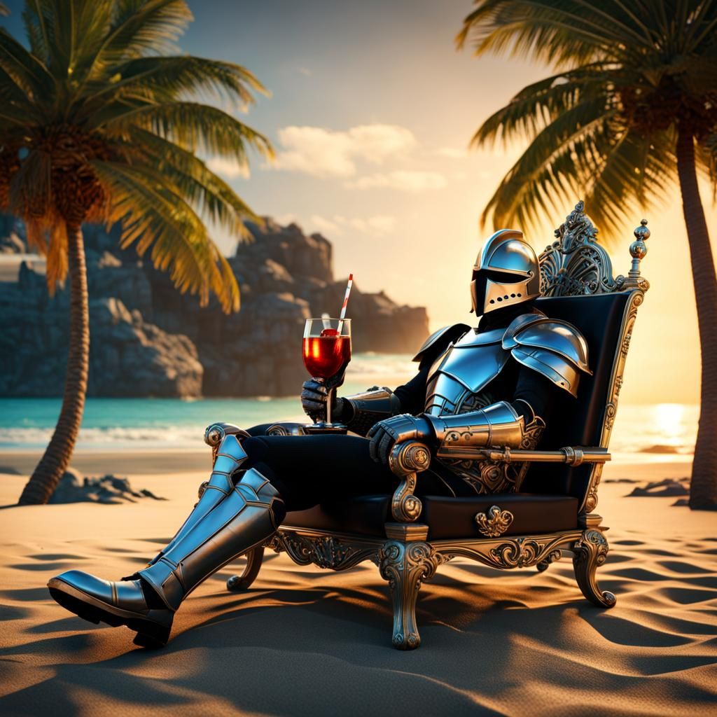 Gothic Knight Relaxing on a Beach in 3D HDR