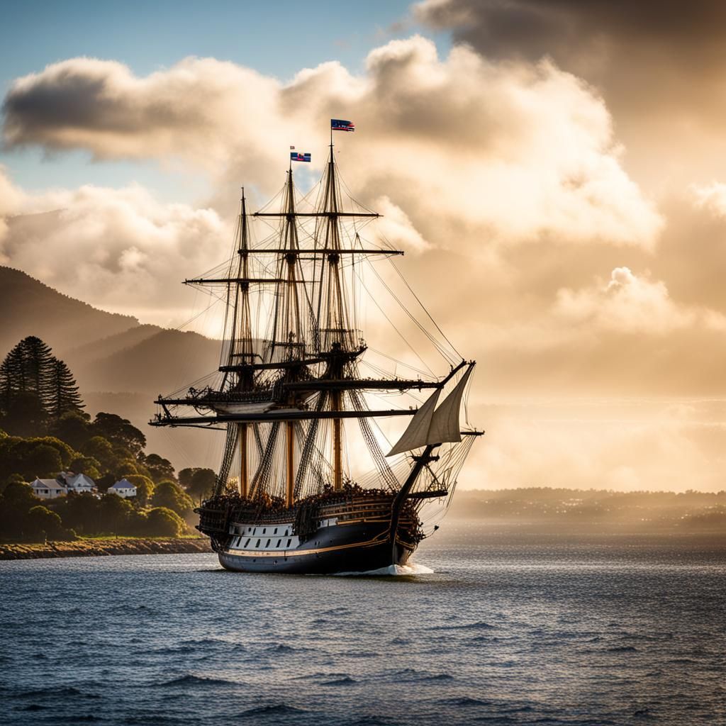 Cook's Endeavour in New Zealand Harbor, 1788
