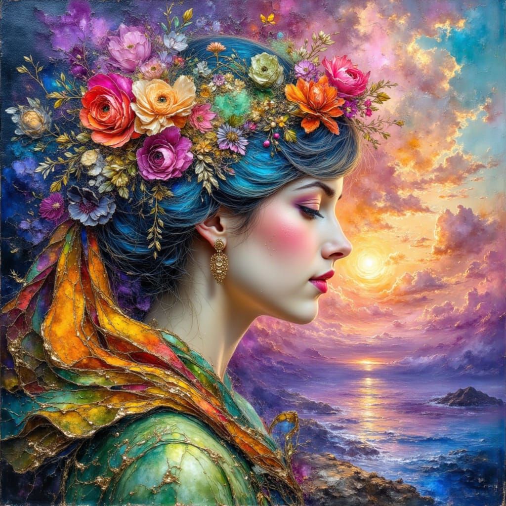 Surreal Oil Painting: Woman with Unicorns and Oceans