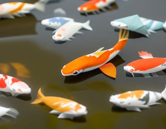 japanese koi in a zen garden pond Origami paper folds papercraft, made of paper, stationery, 8K resolution 64 megapixels...