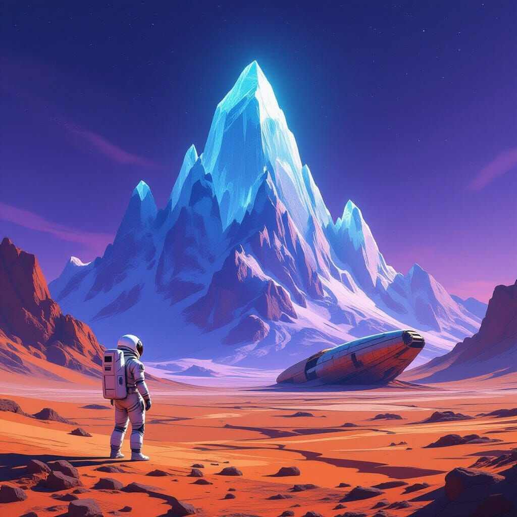Astronaut Explores Alien Planet with Crystalline Mountains