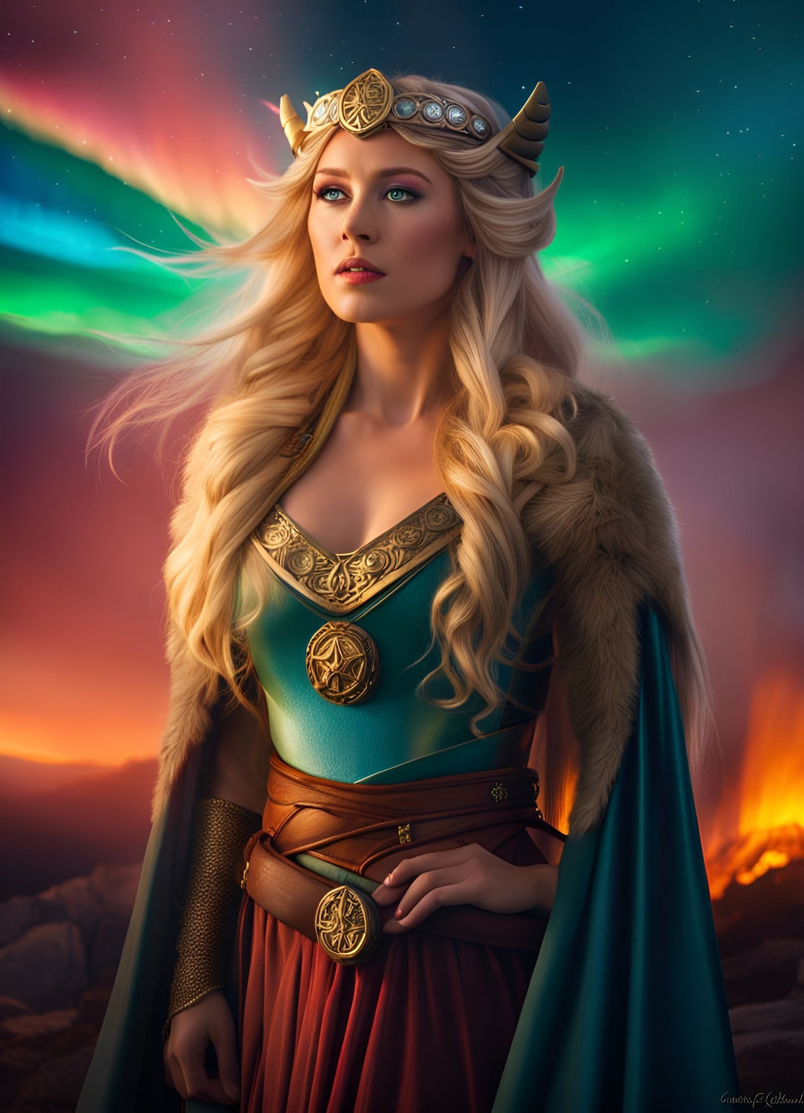 Freyja: Beautiful Norse Goddess Portrait in Aurora