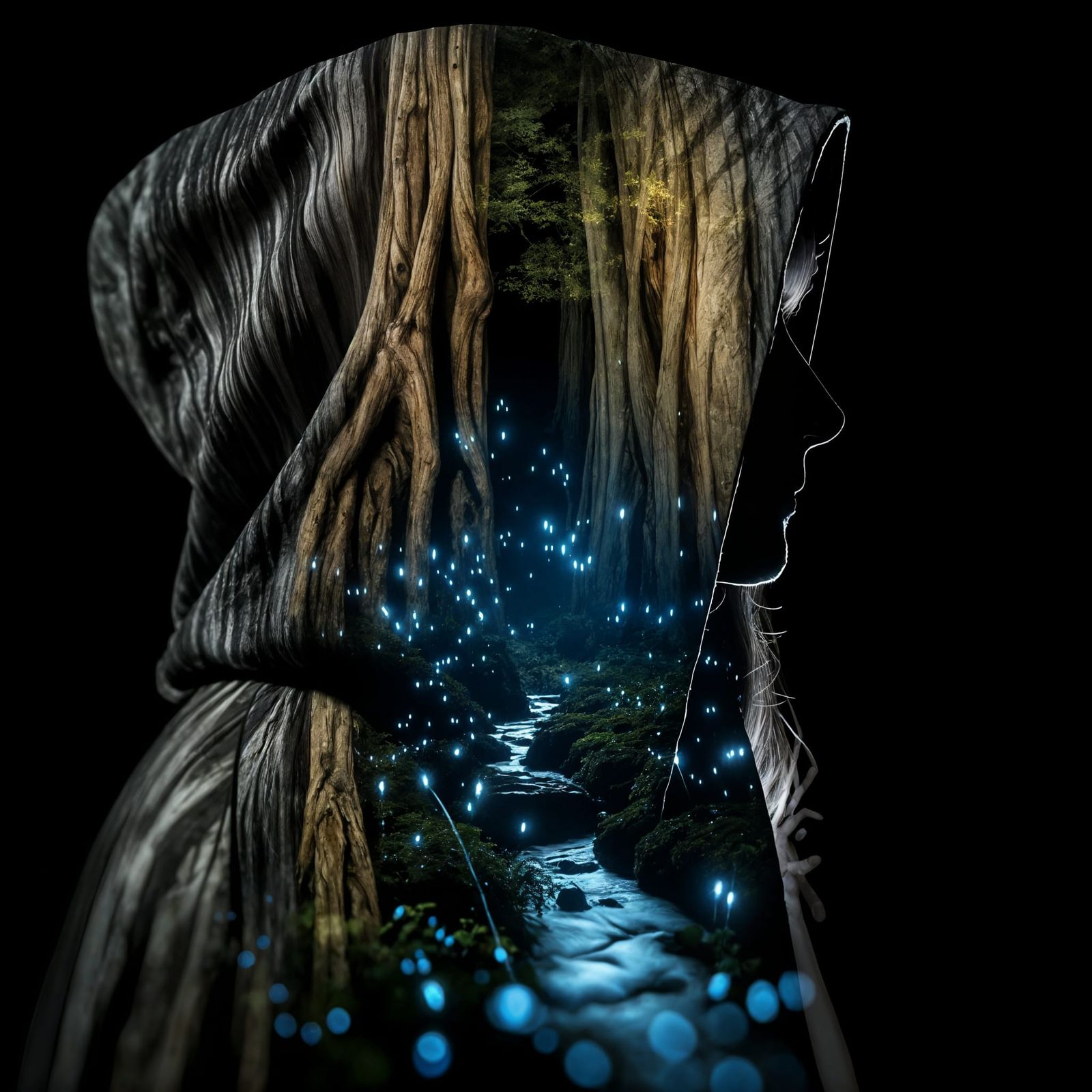 Hooded Figure in Twilight Forest: Romantic Double Exposure