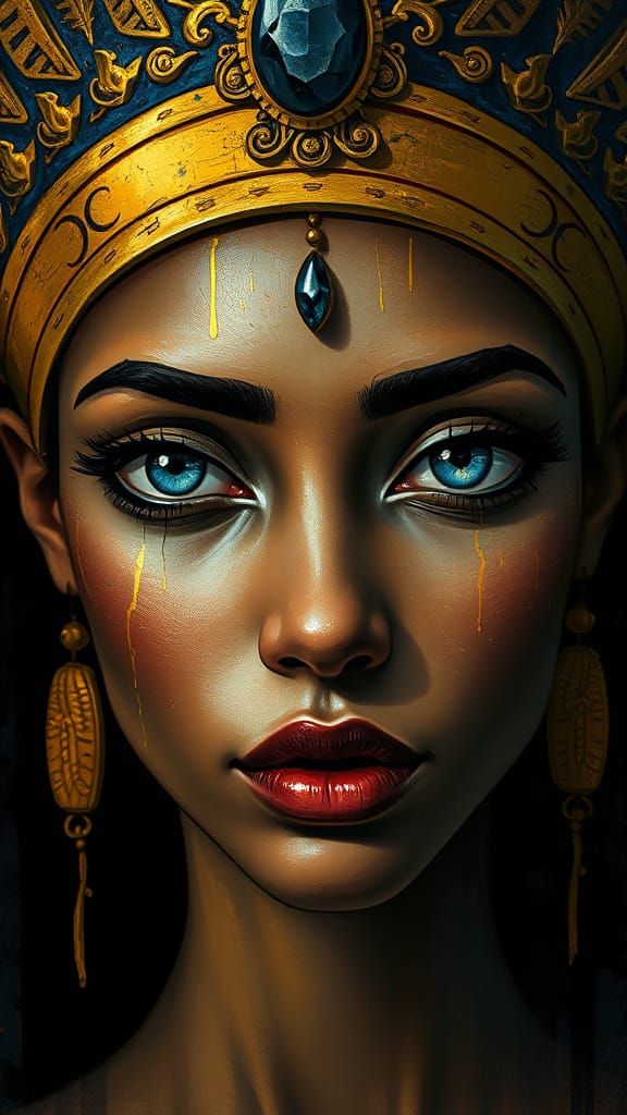 Luxurious, Mystical Portrait of a Woman in Golden, Blues, an...