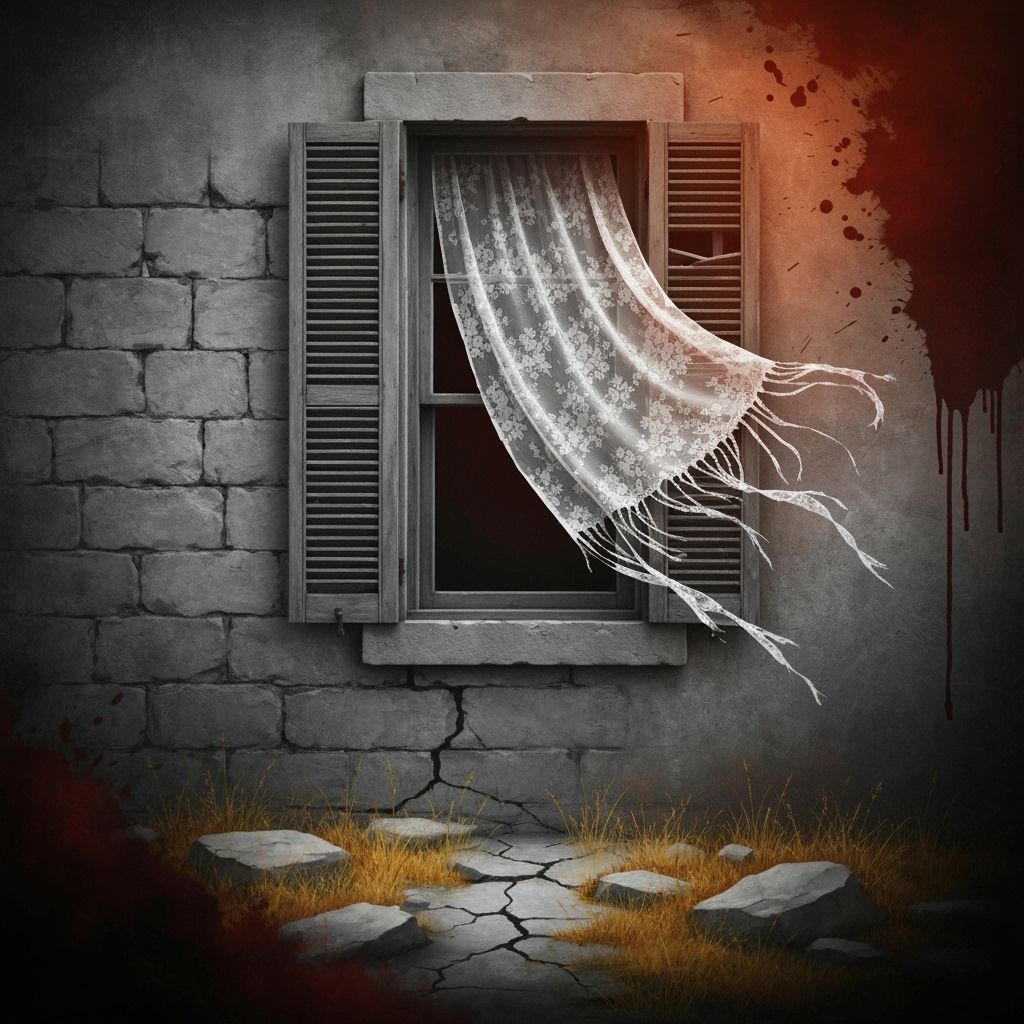 Ink Painting of Ruined House with Lace Curtain