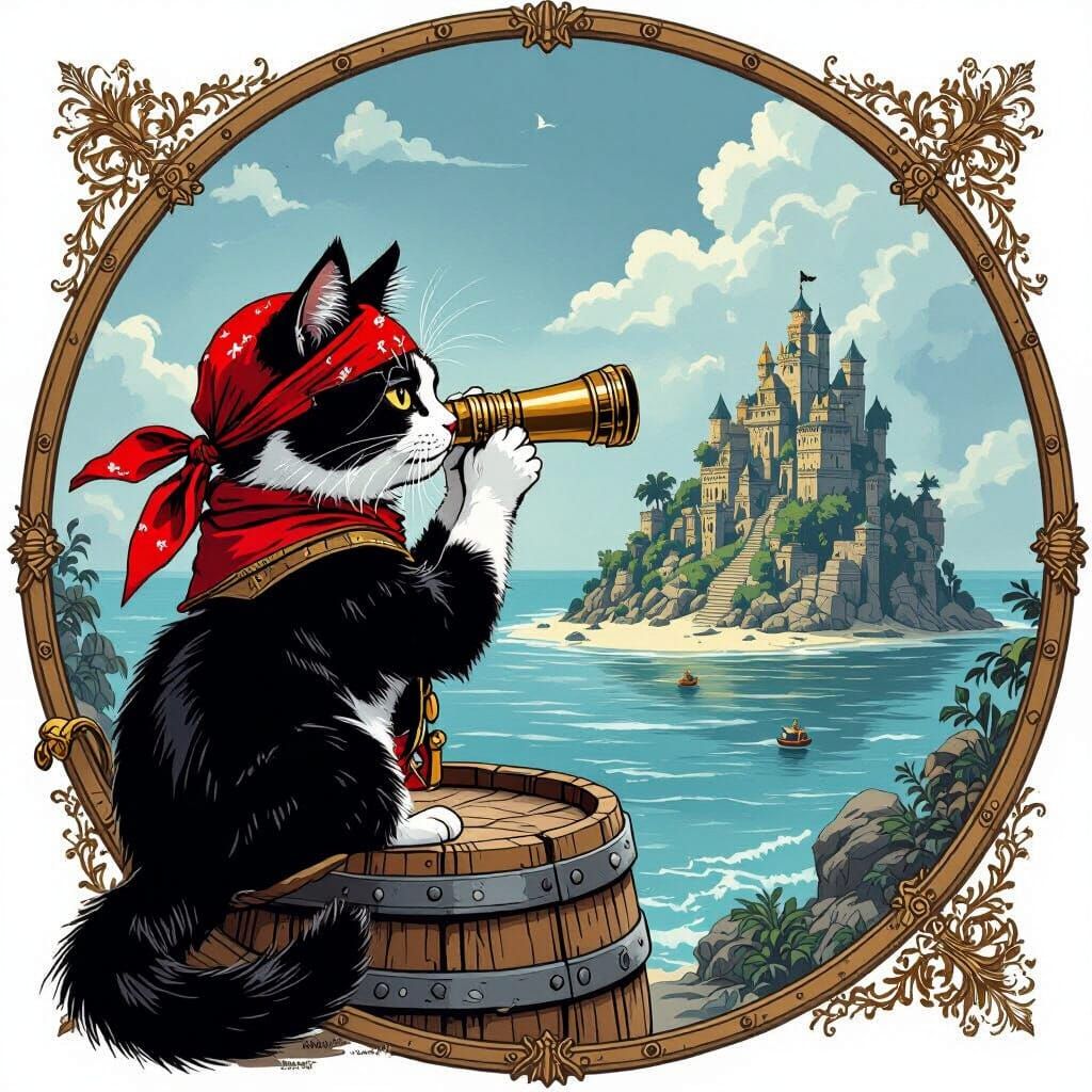 Pirate Cat Illustration with Bandana and Telescope