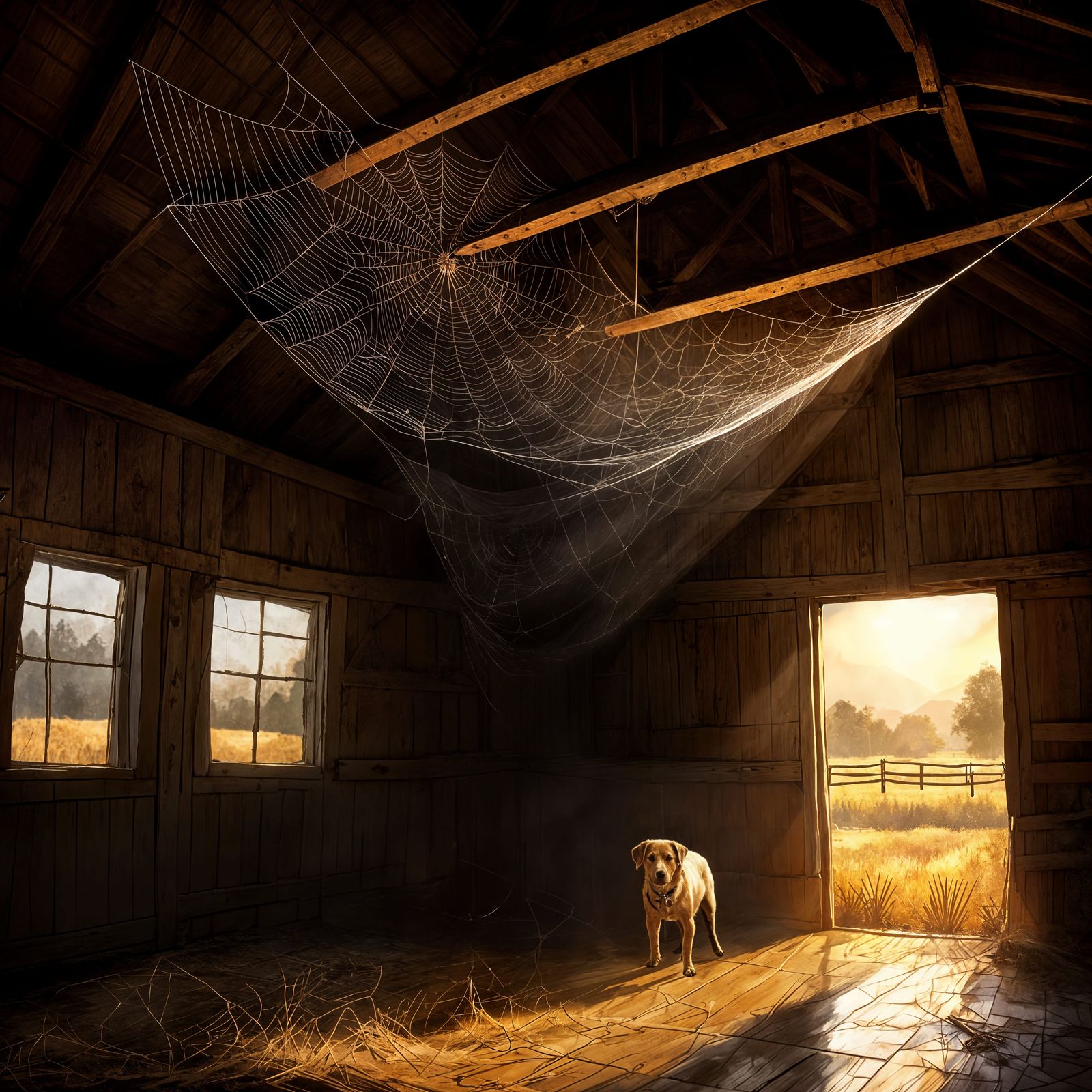 Spiderweb in Barn at Dusk, Golden Hour