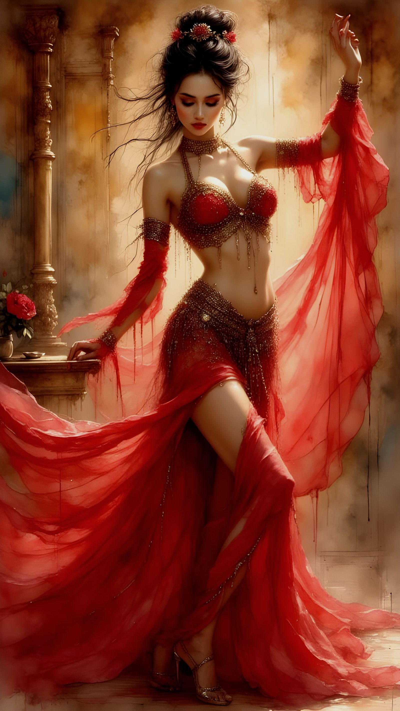 Exotic Red Belly Dancer in Traditional Asian Attire
