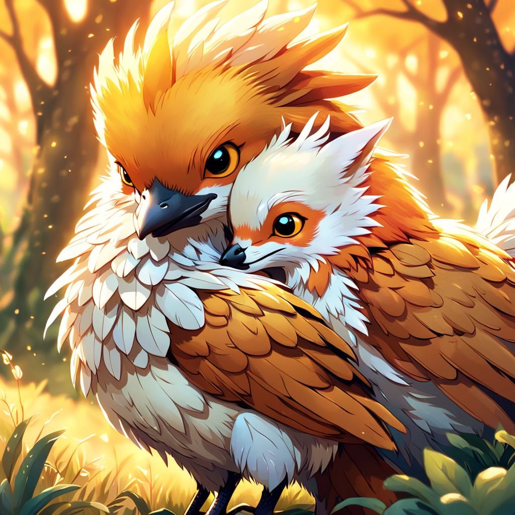 Heartwarming Hug: Chicken and Fox in Whimsical Digital Art