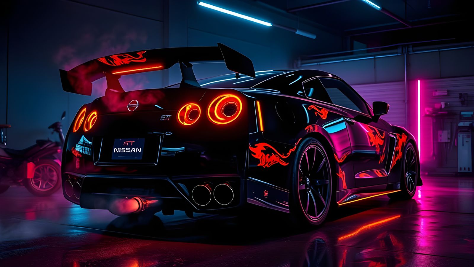 Fiery Nissan GTR with Neon Lights in Garage