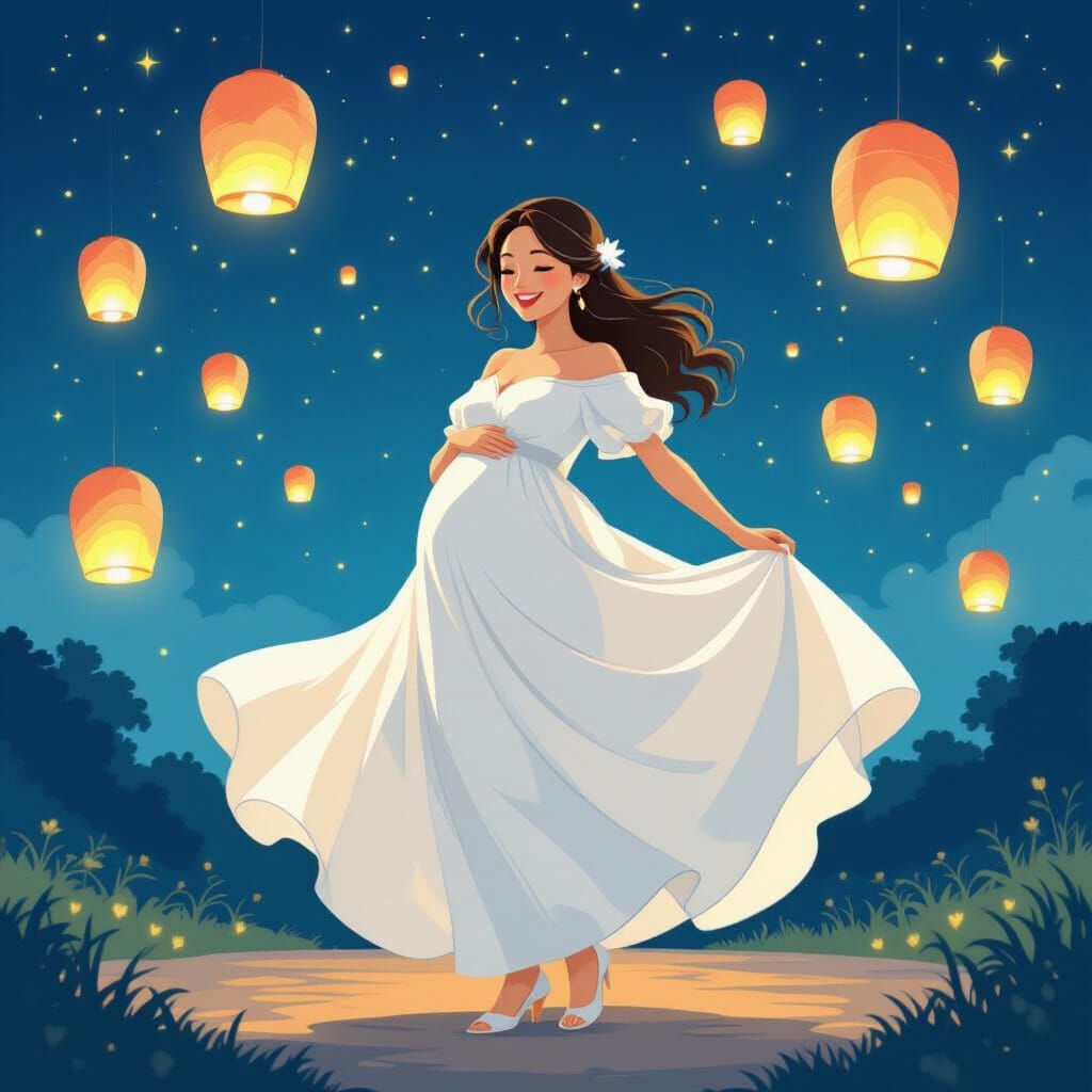 Joyful Pregnant Woman Dancing Under Starlight with Lanterns