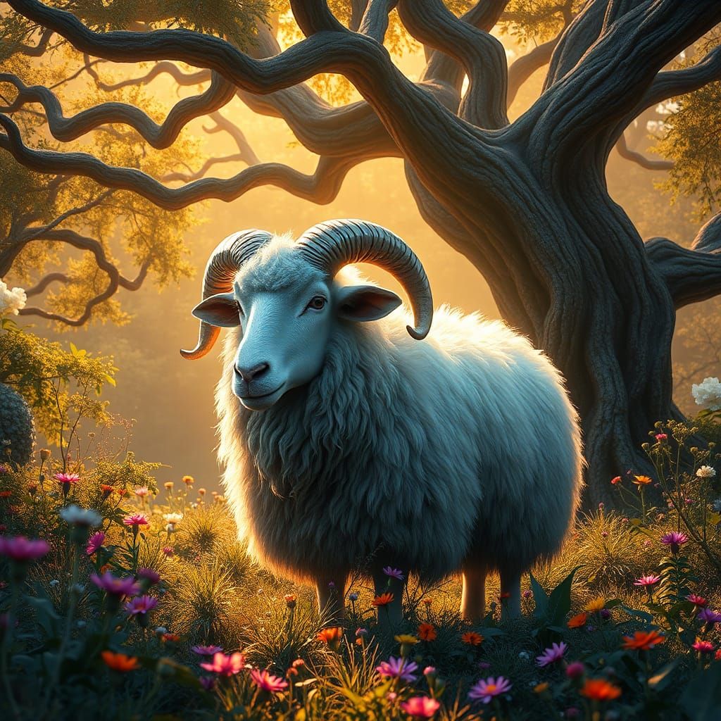 Majestic Sheep in Mystical Forest: Matte Painting