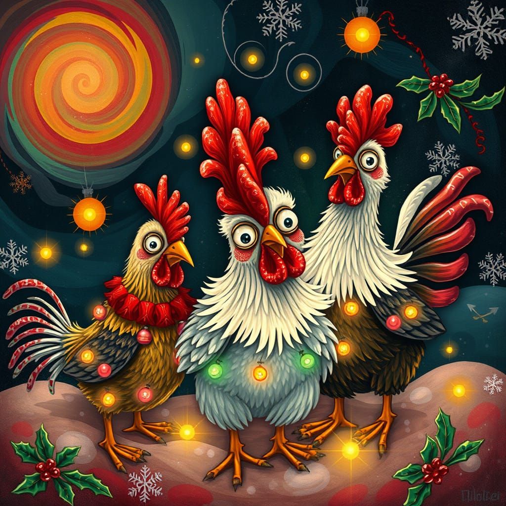 Fantastical Holiday Chickens in Vibrant Digital Folk Art