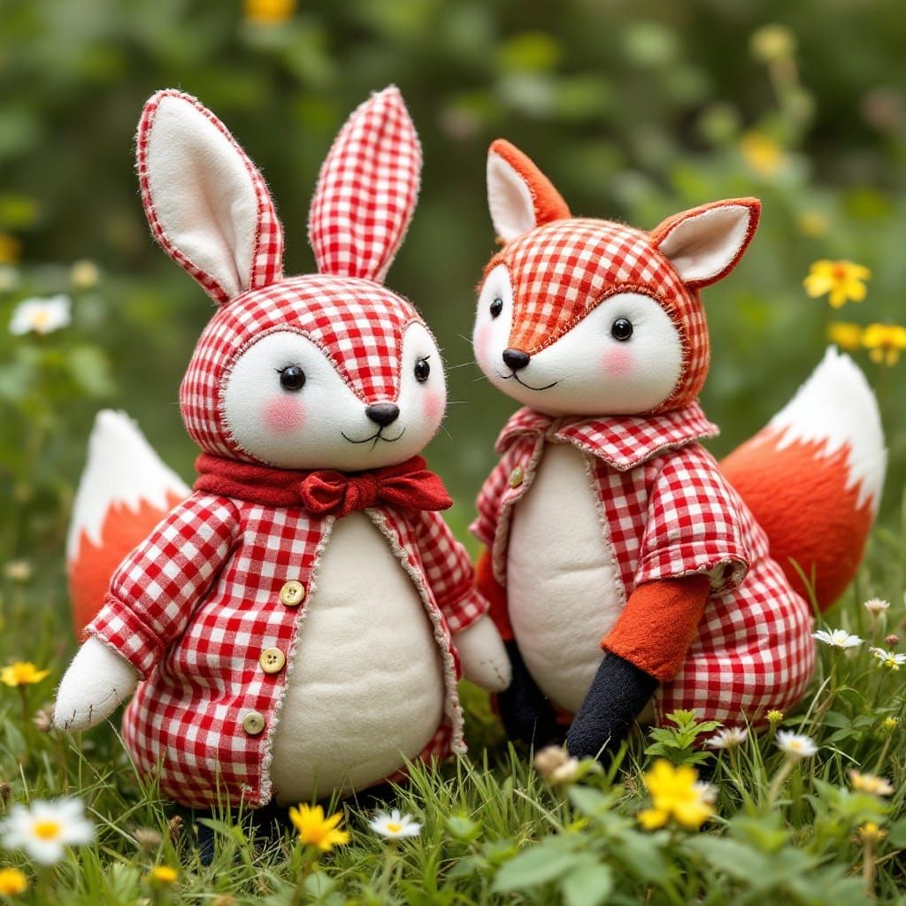 Gingham Folk Art Creatures in Whimsical Textile Landscape