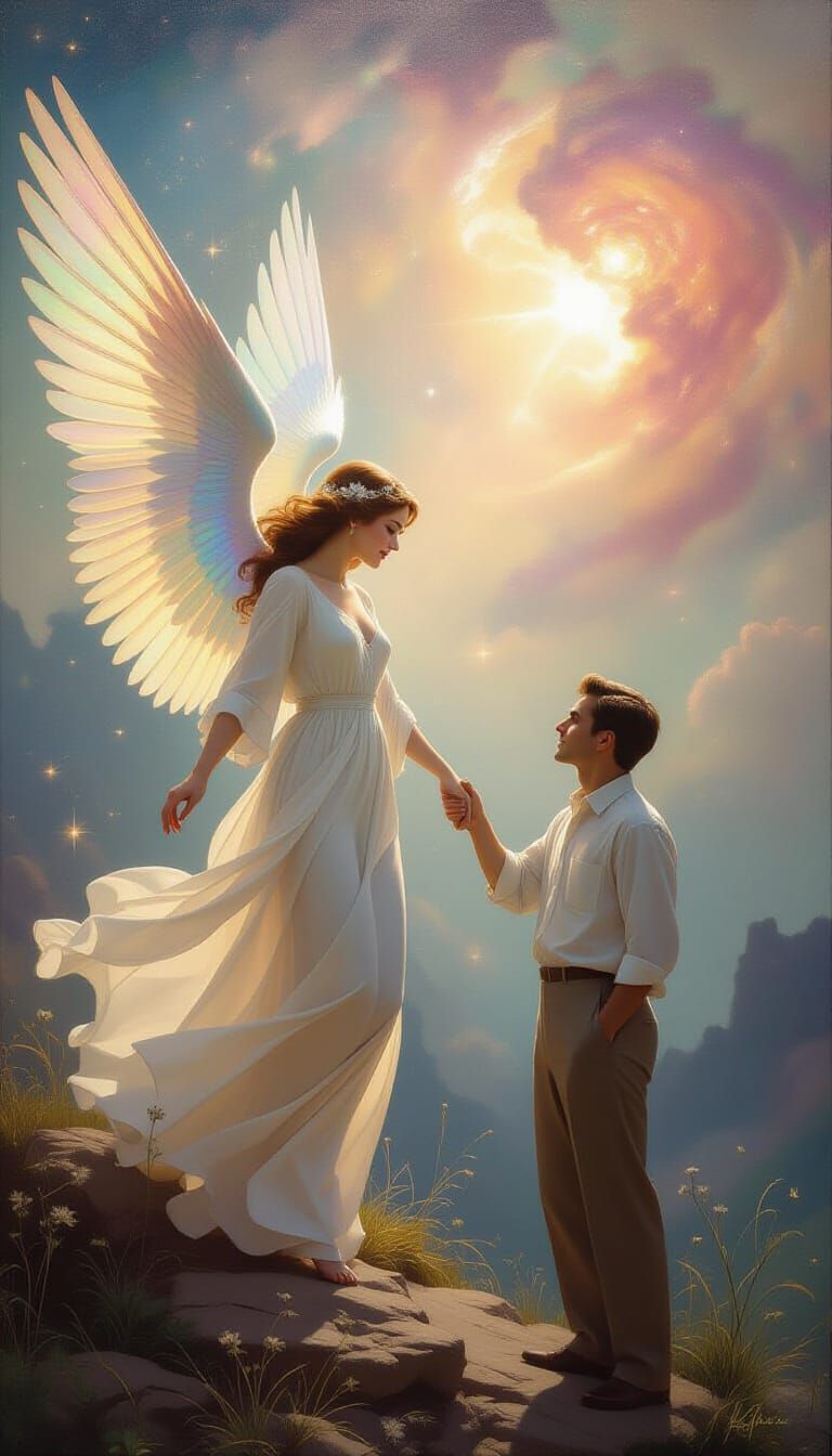Angel Embraces Father in Ethereal Nebula