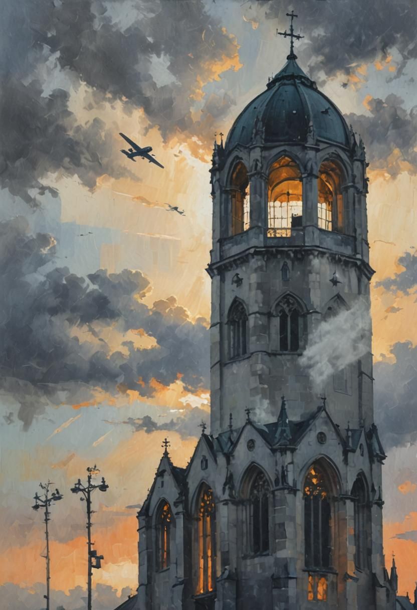 Impressionistic Church Tower and Plane at Dusk