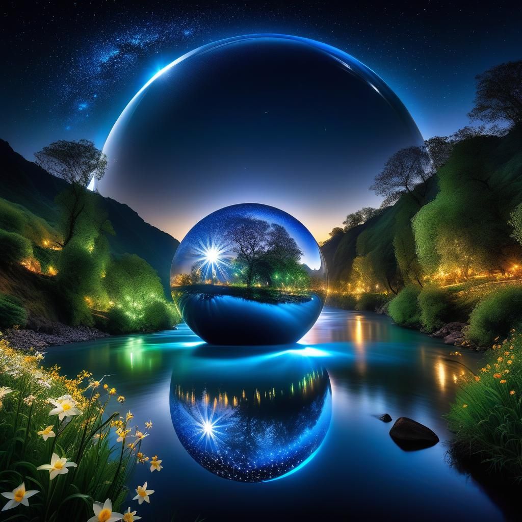 Luminous Sphere Head: Flowers, Moon, and Stars
