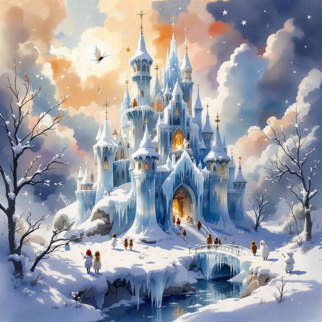 Ice Palace and Snow Fairies in Watercolor Style