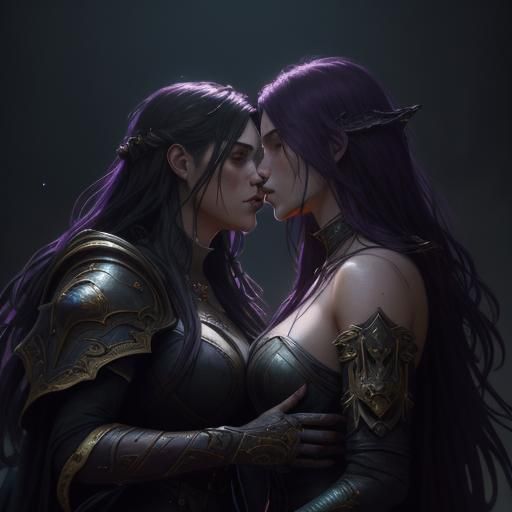 Kissing Girls in Dark Fantasy Art Style