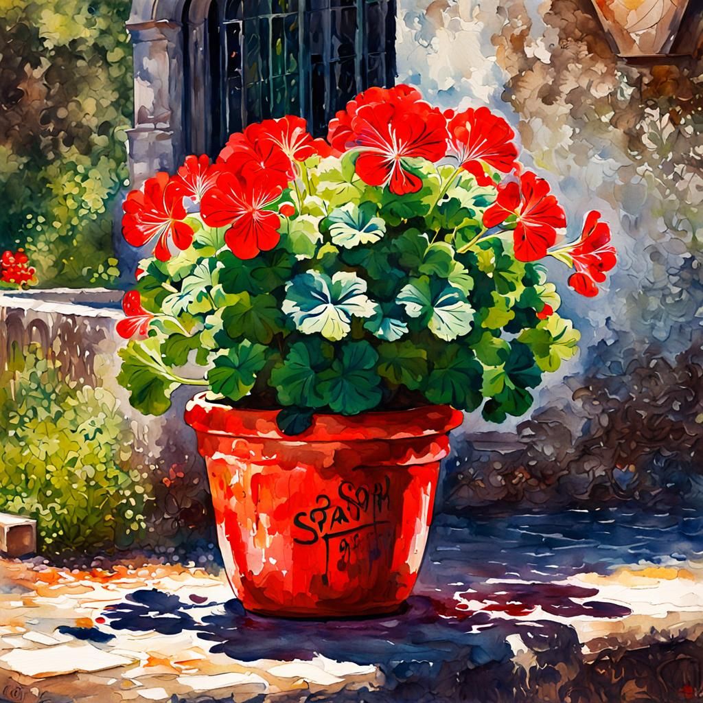 Red Geranium Pot in Spanish Garden, Watercolor