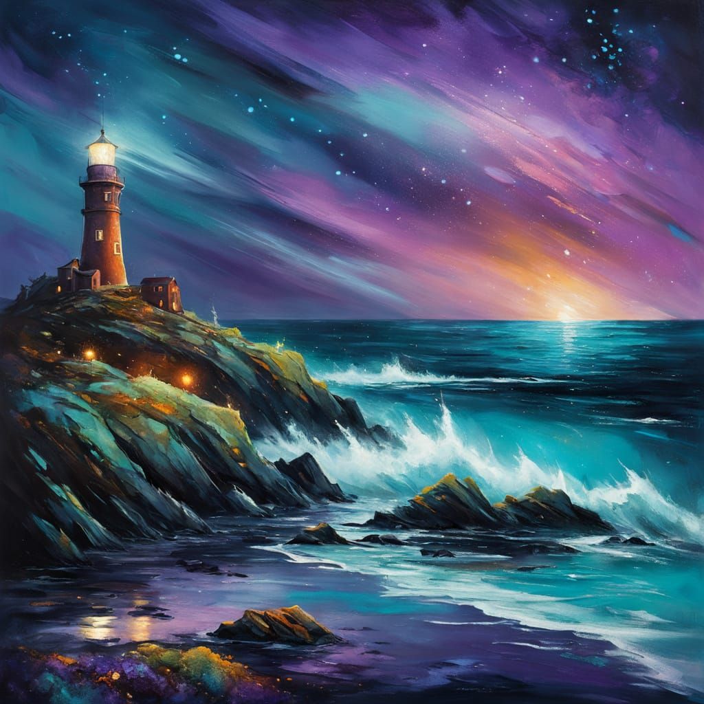 Mystical Lighthouse with Bioluminescent Moss in Oil Painting...