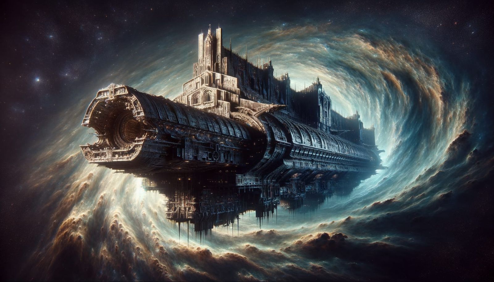 Gothic Cathedral Spaceship Emerges from Nebula