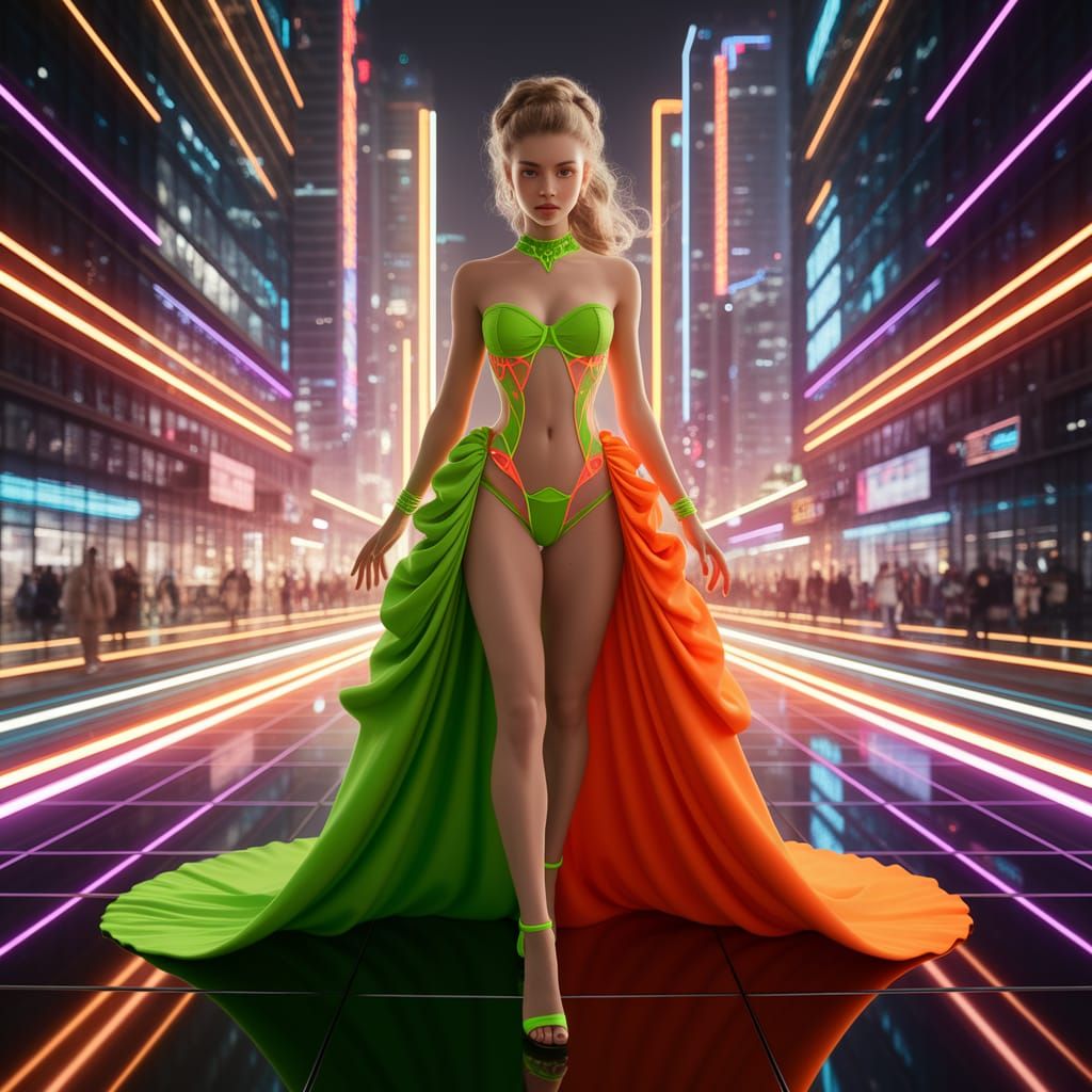 Neon Beauty in Futuristic Cityscape