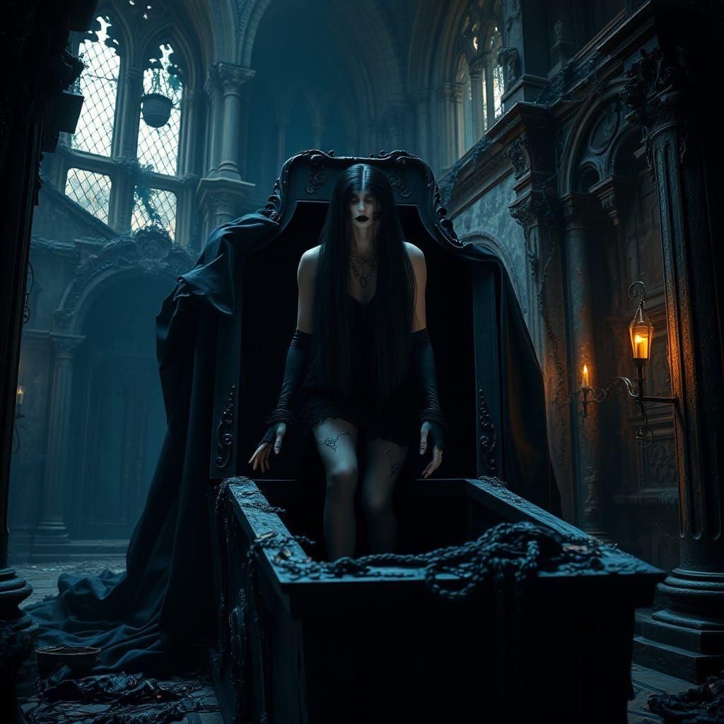 Gothic Woman Emerges from Coffin in Palace