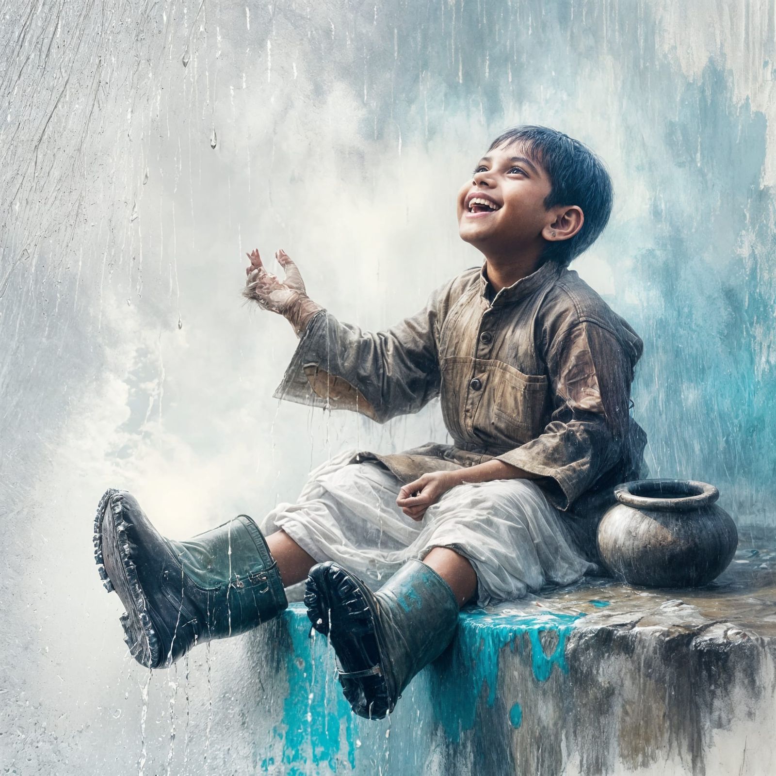 Child's Joyful Dance in the Rain: Painterly South Asian Scen...