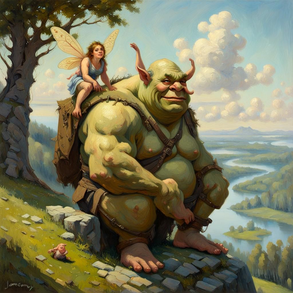 Ogre and Fairy on Sunny Hilltop, Oil Painting