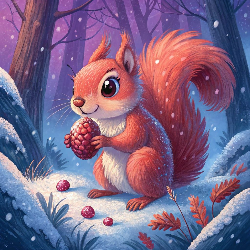Fiery Red Squirrel in Whimsical Snow Forest