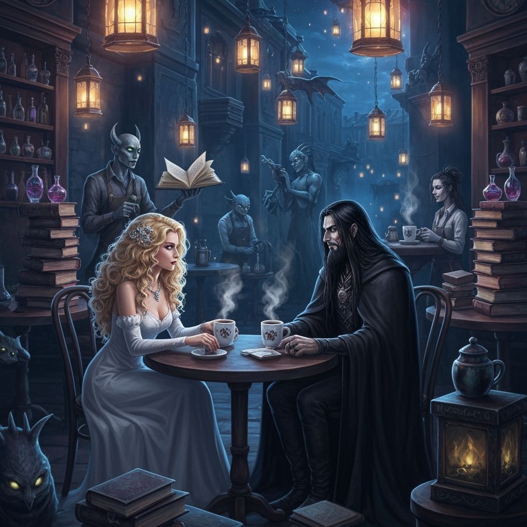 Mystical Cafe Scene with Spells, Potions, and Dark Fantasy A...