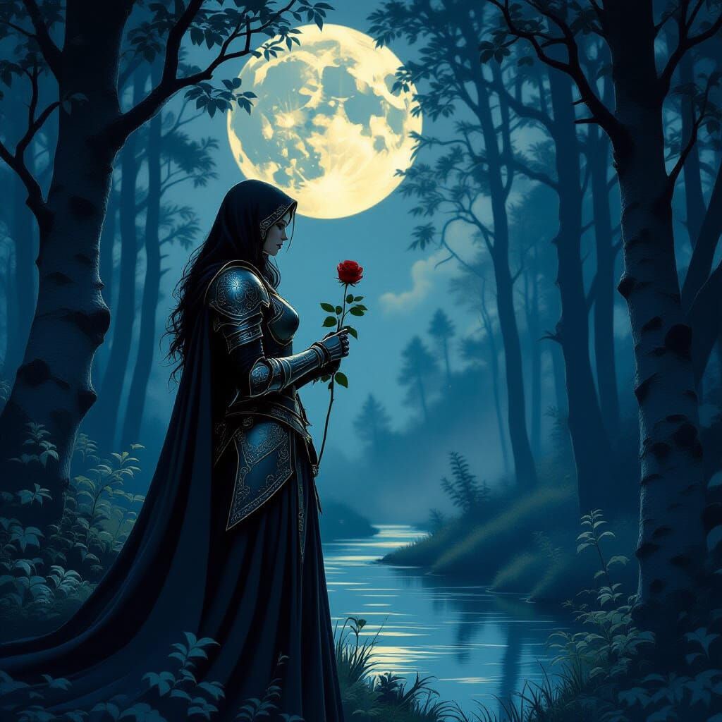 Knight in Moonlit Forest with Wilting Rose