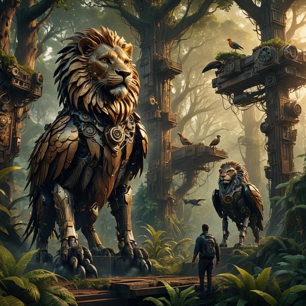 Steampunk Mechanical Animals in a Vibrant Forest