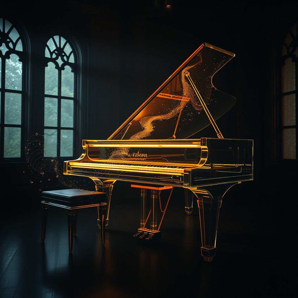 Ethereal Glass Piano in Atmospheric Room