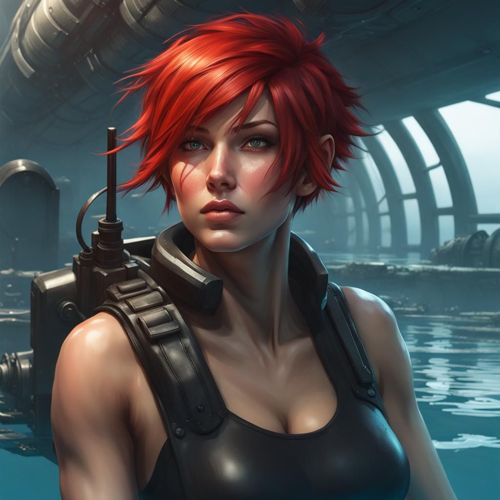 Female Soldier Submarine Portrait in Hyperdetailed Style