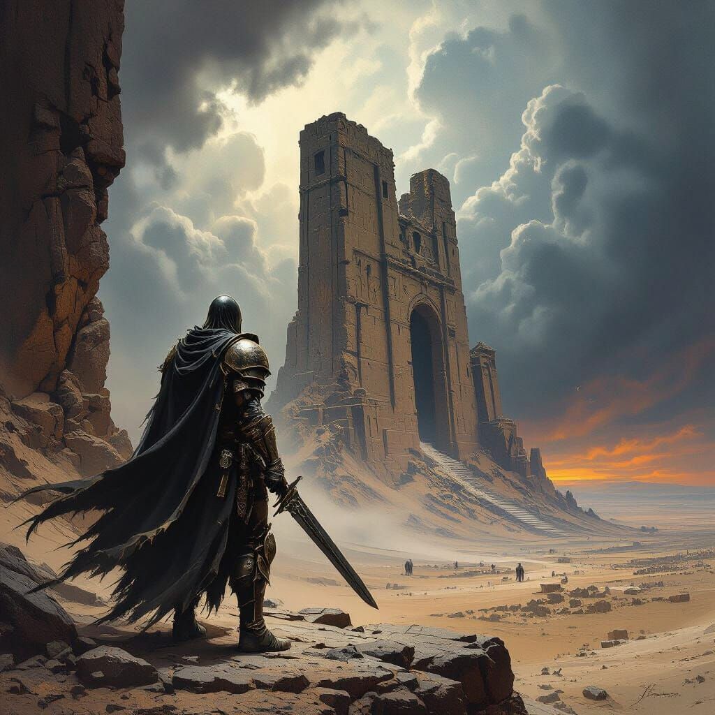 Lone Warrior Overlooks Ancient Ruin in Dark Fantasy Art