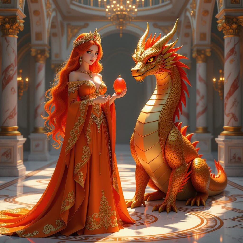 Orange Dragon and Gothic Woman in Marble Hall