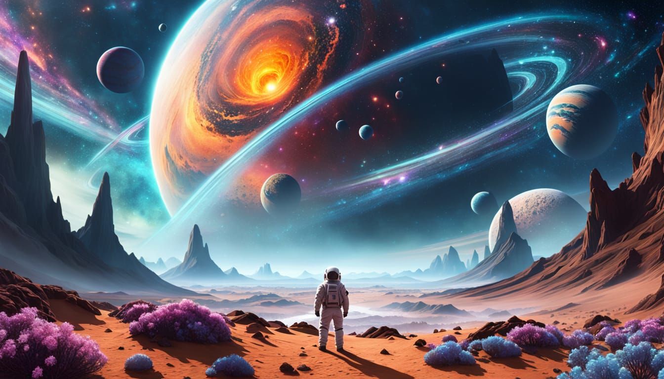 Astronaut Gazes at Swirling Nebula on Alien Planet