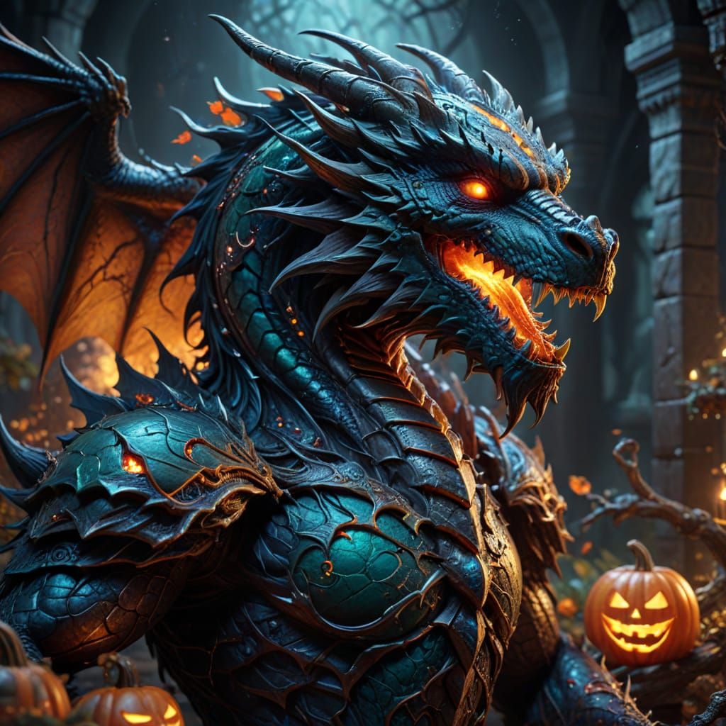 Majestic Dragon with Halloween Motifs in Jewel Tones