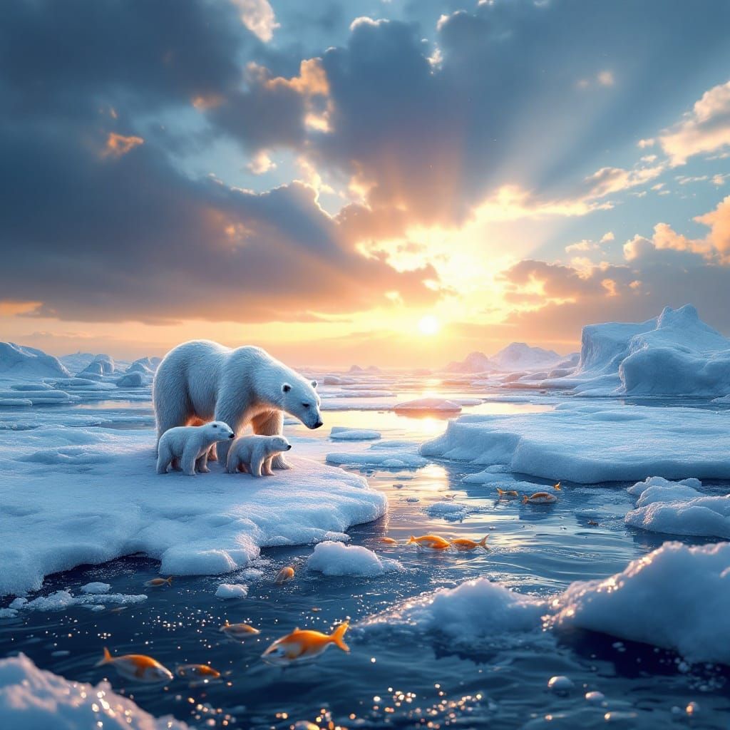 Polar Bear and Cubs in Icy Winter Landscape with Glittering ...