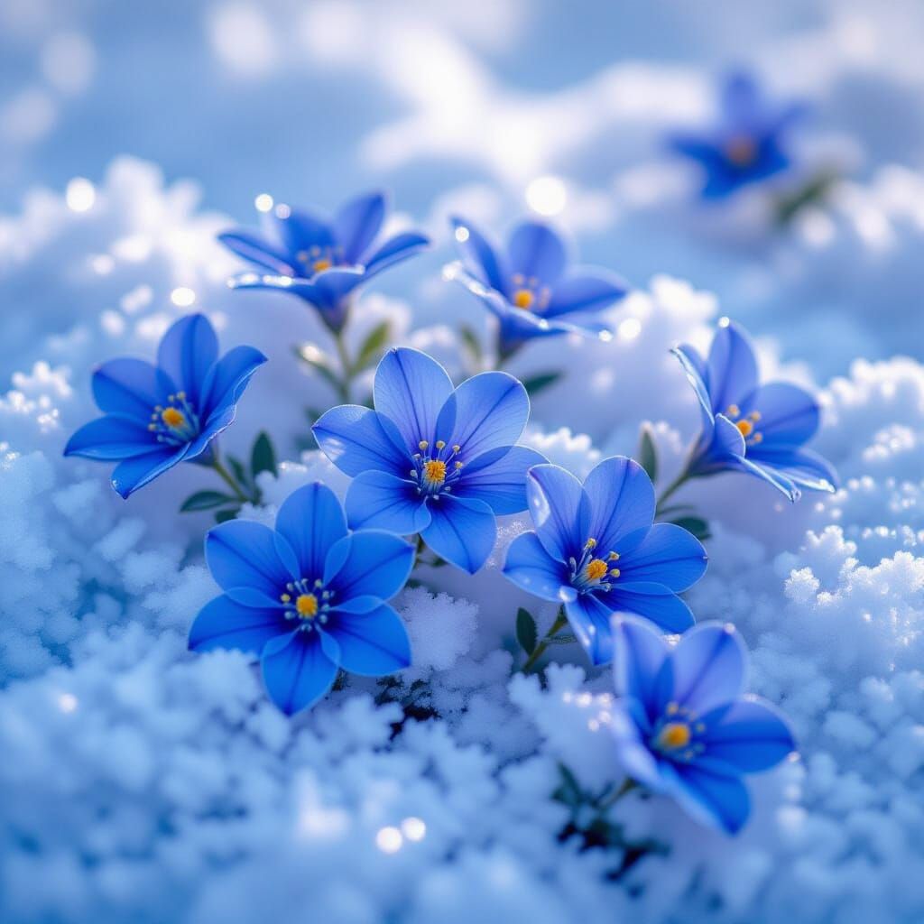 Vibrant Blue Flowers Emerge Through Glistening Snow