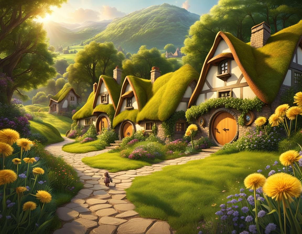 Enchanting Hobbit Village Illustration with Lush Details