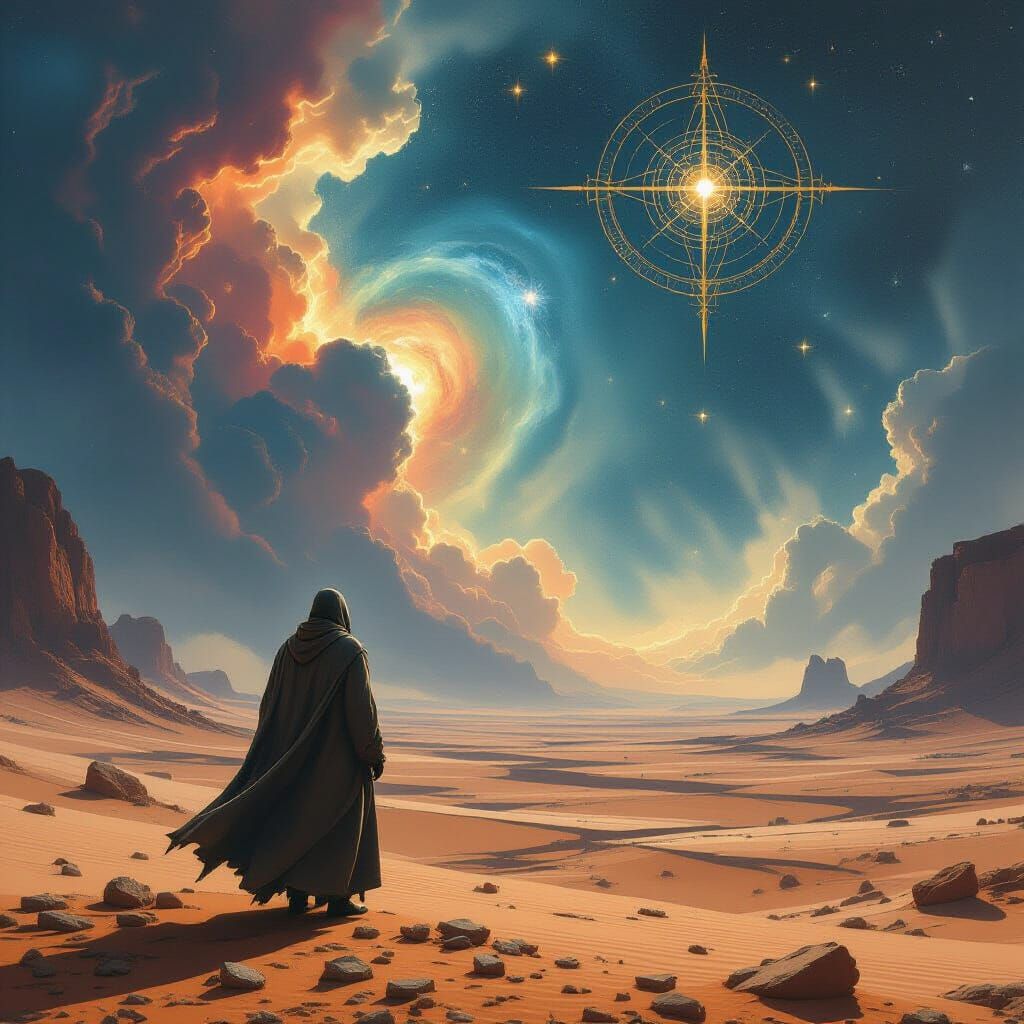 Surreal Desert Wanderer Gazing at Cosmic Sky